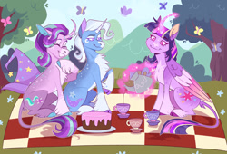 Size: 1680x1143 | Tagged: safe, artist:wanderingpegasus, derpibooru import, starlight glimmer, trixie, twilight sparkle, twilight sparkle (alicorn), alicorn, butterfly, classical unicorn, pony, unicorn, cake, chest fluff, clothes, cloven hooves, cup, curved horn, food, hat, horn, leonine tail, magic, picnic, picnic blanket, redraw, scene interpretation, sitting, smiling, tea, teacup, teapot, telekinesis, trip, trixie's hat, unshorn fetlocks