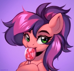 Size: 2313x2227 | Tagged: safe, artist:sugarstar, derpibooru import, oc, oc only, oc:grelka, earth pony, pony, candy, earth pony oc, eating, food, icon, lollipop, solo