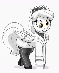 Size: 1300x1605 | Tagged: safe, artist:pabbley, derpibooru import, derpy hooves, pegasus, pony, alternate hairstyle, black and white, cape, clothes, cute, derpabetes, eyebrows, eyebrows visible through hair, female, flight attendant, grayscale, hat, mare, monochrome, necktie, open mouth, open smile, pantyhose, partial color, simple background, smiling, solo, uniform, white background