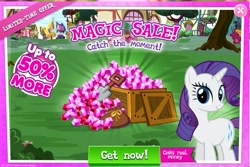 Size: 1039x693 | Tagged: safe, derpibooru import, rarity, pony, unicorn, advertisement, costs real money, crate, female, gameloft, gem, looking at you, mare, sale, shovel, smiling, smiling at you, solo, treasure chest