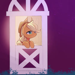 Size: 1280x1280 | Tagged: safe, artist:kkmrarar, derpibooru import, applejack, earth pony, pony, apple family reunion, door, freckles, hat, scene interpretation, smiling, solo