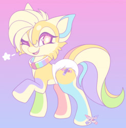 Size: 2932x2984 | Tagged: safe, artist:crayonsnlewds, derpibooru import, oc, oc only, oc:crayons, earth pony, hybrid, pony, collar, diaper, diaper fetish, female, feral, fetish, gradient background, multicolored tail, one eye closed, pastel, rainbow, raised leg, solo, tail, wink