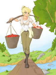 Size: 1439x1919 | Tagged: safe, artist:cirtierest, derpibooru import, applejack, human, apple, basket, beautiful, blonde, clothes, food, hatless, humanized, missing accessory, river, scenery, solo, stream, tree, water