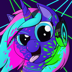 Size: 1500x1500 | Tagged: safe, artist:passionpanther, derpibooru import, oc, oc:heartbeat, pony, unicorn, headphones, icon, neon, party, rave, solo