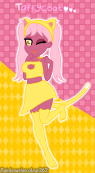 Size: 1643x2993 | Tagged: safe, artist:rainbowstarcolour262, derpibooru import, part of a series, part of a set, oc, oc only, oc:taffycoat, human, series:equ shadowcats, equestria girls, abstract background, bare shoulders, belly button, boob window, breasts, cat ears, cat tail, clothes, crystal prep shadowbolts, eyeshadow, female, golden eyes, makeup, one eye closed, pigtails, signature, skirt, sleeveless, socks, solo, stocking feet, stockings, tail, thigh highs, tongue, tongue out, twintails, upskirt denied, wink