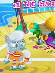 Size: 361x480 | Tagged: safe, derpibooru import, screencap, silver spoon, earth pony, pony, beach, beach ball, cropped, gameloft, glasses, meme, net, ocean, text, water, wow! glimmer