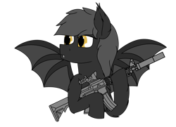 Size: 1800x1300 | Tagged: safe, artist:vanilla linli, derpibooru import, oc, oc only, oc:kroger house, bat pony, bat wings, fangs, gun, m4a1, male, simple background, solo, transparent background, weapon, wings