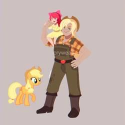 Size: 894x894 | Tagged: safe, artist:cryweas, derpibooru import, apple bloom, applejack, human, apple sisters, clothes, dress, gray background, humanized, reference used, siblings, simple background, sisters