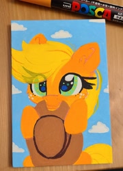 Size: 1784x2478 | Tagged: safe, artist:lbrcloud, derpibooru import, applejack, earth pony, pony, applejack's hat, bust, clothes, cloud, cowboy hat, hat, portrait, solo, traditional art