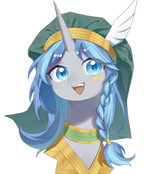 Size: 3500x4000 | Tagged: safe, artist:贝贝, derpibooru import, oc, oc only, oc:cork, bird, pony, unicorn, braid, bust, clothes, cute, dark skin, egyptian, female, long mane, mare, open mouth, open smile, ottoman, simple background, smiling, solo, transparent background, turkey