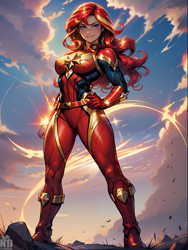 Size: 1536x2048 | Tagged: safe, ai content, artist:neondash, derpibooru import, generator:seaart.ai, machine learning generated, sunset shimmer, human, captain marvel (marvel), humanized, marvel, prompter:neondash, sky, solo, supergirl