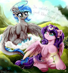 Size: 2888x3120 | Tagged: safe, artist:woonborg, derpibooru import, oc, oc:liviana, oc:star silk, pegasus, pony, anniversary, anniversary art, cheek fluff, chest fluff, cloud, ear fluff, ears, friends, halo, jewelry, long tail, nature, necklace, on a cloud, sitting, sitting on cloud, tail, unshorn fetlocks