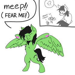 Size: 3508x3508 | Tagged: safe, artist:ponny, derpibooru import, oc, oc:anon filly, earth pony, pegasus, pony, bipedal, chest fluff, female, filly, foal, hoof heart, meep, simple background, smol, speech bubble, spread wings, text, tiny, tiny ponies, underhoof, white background, wings