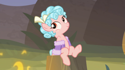 Size: 1920x1080 | Tagged: safe, derpibooru import, edit, edited screencap, screencap, cozy glow, pegasus, pony, frenemies (episode), bare shoulders, bow, clothes, female, filly, foal, hair bow, missing accessory, solo, stripping, undressing, winter outfit