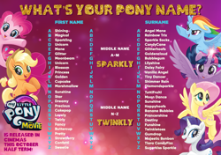 Size: 1024x720 | Tagged: safe, derpibooru import, applejack, fluttershy, pinkie pie, rainbow dash, rarity, twilight sparkle, twilight sparkle (alicorn), alicorn, my little pony: the movie, mane six, name game