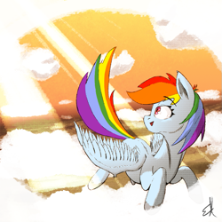 Size: 833x832 | Tagged: safe, artist:gorebox, derpibooru import, rainbow dash, pegasus, cloud, flying, halftone, solo, spread wings, sun shafts, wings