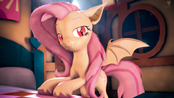 Size: 3840x2160 | Tagged: safe, artist:silkworm205, derpibooru import, fluttershy, bat pony, pony, 3d, 3d model, alternate hairstyle, bat ears, bat ponified, bat wings, bed, bedroom eyes, colored eyebrows, download at source, downloadable, ears, fangs, floppy ears, flutterbat, looking at you, race swap, red pupils, revamped ponies, solo, source filmmaker, source filmmaker resource, spread wings, unshorn fetlocks, wings