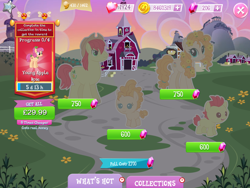 Size: 2048x1536 | Tagged: safe, derpibooru import, apple rose, bright mac, pear butter, earth pony, pony, coin, collection, colt, costs real money, cowboy hat, english, female, filly, flower, flower in hair, foal, gameloft, gem, group, hair tie, hat, male, mare, mobile game, my little pony: magic princess, numbers, official, stallion, text, timer, younger