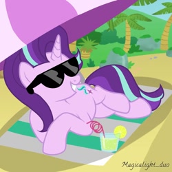 Size: 1080x1080 | Tagged: safe, artist:magicalight_duo, derpibooru import, starlight glimmer, pony, unicorn, beach, female, juice, lemonade, solo, sunglasses