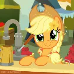 Size: 1080x1080 | Tagged: safe, artist:appletothecore, derpibooru import, applejack, earth pony, pony, apple, cute, female, flower, flower in hair, food, jackabetes, looking at you, mug, older, older applejack, solo