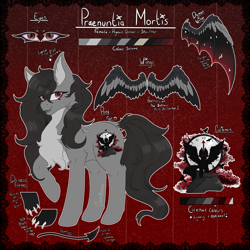 Size: 3250x3250 | Tagged: safe, artist:cresentmadness, derpibooru import, oc, oc only, oc:praenuntia mortis, demon, demon pony, pegasus, claws, colored wings, cutie mark, demon wings, devil tail, looking at you, multicolored wings, reference sheet, tail, the harbinger of death, torn wings, wings