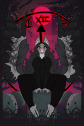 Size: 1461x2200 | Tagged: safe, artist:oddends, derpibooru import, oc, oc:praenuntia mortis, anthro, base used, blood moon, clothes, crazy eyes, female, gravestone, latin, moon, night, spread wings, the harbinger of death, wings