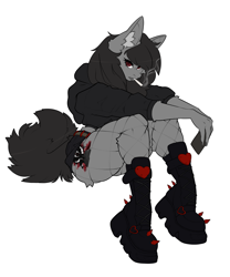 Size: 1833x2200 | Tagged: safe, artist:oddends, derpibooru import, oc, oc only, oc:praenuntia mortis, anthro, base used, clothes, fishnet stockings, goth, gothic, hoodie, looking at you, phone, platform boots, shorts, simple background, smoke, solo, the harbinger of death, white background