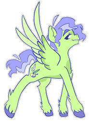 Size: 588x793 | Tagged: safe, artist:zer0wlet, derpibooru import, oc, oc only, oc:lush palette, pegasus, pony, ahoge, colored, eyebrows, green coat, lidded eyes, looking at you, looking back, looking back at you, open mouth, ponysona, purple mane, purple tail, raised eyebrow, simple background, smiling, solo, spread wings, tail, transparent background, unshorn fetlocks, walking, wings