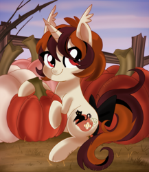 Size: 2265x2604 | Tagged: safe, artist:spookyle, derpibooru import, oc, oc only, oc:pumpkin patch, pony, unicorn, autumn, bow, farm, fence, horn, pumpkin, solo, tail, tail bow, unicorn oc