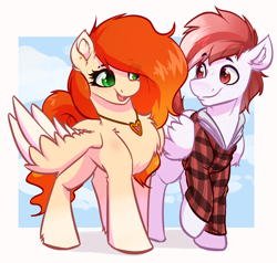 Size: 2528x2408 | Tagged: safe, artist:witchtaunter, derpibooru import, oc, oc:amity starfall, pegasus, pony, chest fluff, clothes, commission, duo, duo male and female, ear fluff, ears, female, jacket, jewelry, looking at each other, looking at someone, male, mare, necklace, pegasus oc, plaid, simple background, smiling, smiling at each other, stallion