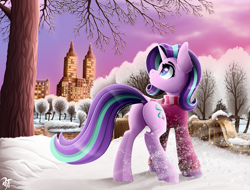 Size: 2900x2200 | Tagged: safe, artist:rainbowfire, derpibooru import, starlight glimmer, pony, unicorn, to where and back again, winter wrap up, beautiful views, bridge, city, cityscape, clothes, cloud, coat, complex background, cute, female, fine, forest, forest background, horn, jacket, jewelry, new york city, park, raised hoof, raised leg, scarf, sky, snow, snowdrifts, snowfall, snowflake, solo, sunset, surprised, sweater, tree, winter, winter outfit