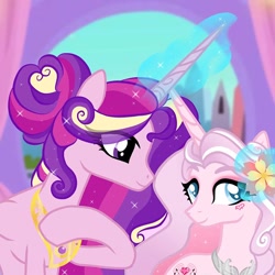 Size: 640x640 | Tagged: safe, artist:heart.of.empire, artist:love.of.empire, derpibooru import, princess cadance, oc, oc:aphrodite, alicorn, unicorn, duo, duo female, ethereal mane, eye clipping through hair, eyeshadow, facial markings, female, flower, flower in hair, horn, magic, makeup, mare, mother and child, mother and daughter, offspring, older, older princess cadance, parent and child, parent:princess cadance, parent:shining armor, parents:shiningcadance, peytral, selfie, telekinesis, unicorn oc