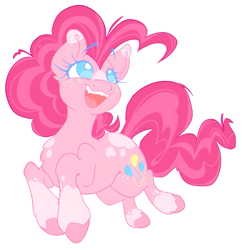 Size: 961x992 | Tagged: safe, artist:zer0wlet, derpibooru import, pinkie pie, earth pony, pony, blue eyes, butt freckles, curly hair, curly mane, curly tail, ears up, eyebrows, eyebrows visible through hair, eyelashes, female, freckles, happy, jumping, looking up, mare, multicolored freckles, open mouth, pink coat, pink mane, raised eyebrows, signature, simple background, smiling, solo, spots, tail, teeth, transparent background, unshorn fetlocks