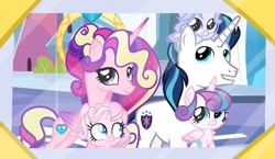 Size: 640x370 | Tagged: safe, artist:heart.of.empire, derpibooru import, princess cadance, princess flurry heart, shining armor, oc, oc:aphrodite, alicorn, pegasus, pony, unicorn, baby, baby pony, brother and sister, colored wings, crown, family photo, father and child, father and daughter, father and son, female, gradient wings, horn, jewelry, male, mother and child, mother and daughter, mother and son, offspring, parent and child, parent:princess cadance, parent:shining armor, parents:shiningcadance, pegasus oc, photo, regalia, show accurate, siblings, sisters, unicorn oc, unnamed oc, wings
