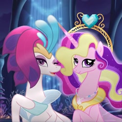 Size: 640x640 | Tagged: safe, artist:heart.of.empire, derpibooru import, princess cadance, queen novo, alicorn, seapony (g4), my little pony: the movie, beautiful, collar, coral, crown, cute, digital art, duo, duo female, ethereal mane, eyeshadow, female, fin wings, fins, flowing mane, gem, hoof shoes, horn, jewelry, long horn, looking at you, makeup, mare, necklace, ocean, older, older princess cadance, one eye closed, open mouth, open smile, peytral, purple eyes, regalia, royalty, seaponified, seapony cadance, seaquestria, seashell, seashell necklace, smiling, species swap, starry mane, swimming, throne, throne room, underwater, water, wings, wink, winking at you