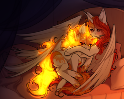 Size: 1500x1200 | Tagged: safe, derpibooru import, daybreaker, nightmare star, princess celestia, oc, oc:king phoenix, alicorn, bed, bedroom, clothes, fire, light, night, underwear