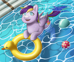 Size: 1685x1403 | Tagged: safe, artist:erein, derpibooru import, oc, oc only, oc:timbit, pegasus, pony, commission, ears up, female, floating, floaty, happy, inflatable duck, legs in the water, looking at you, open mouth, open smile, partially submerged, pool toy, smiling, solo, swimming, swimming pool, tail, water, wet, ych result