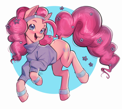 Size: 2028x1815 | Tagged: safe, artist:emily-826, derpibooru import, pinkie pie, earth pony, pony, abstract background, circle background, clothes, curly hair, curly mane, curly tail, looking at you, open mouth, shirt, signature, smiling, solo, tail