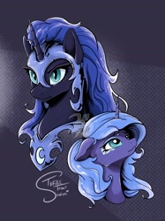 Size: 2048x2732 | Tagged: safe, artist:turtletroutstudios, derpibooru import, nightmare moon, princess luna, alicorn, pony, bust, duality, female, helmet, mare, peytral, s1 luna, signature