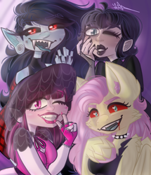 Size: 768x891 | Tagged: safe, artist:yarart123, derpibooru import, fluttershy, anthro, bat pony, human, undead, unguligrade anthro, vampire, adventure time, alternate hairstyle, bat ponified, black sclera, blood, breasts, choker, clothes, crossover, draculaura, dress, ear piercing, earring, eyeshadow, fangs, female, fingerless gloves, flannel, flutterbat, gloves, grin, hat, hotel transylvania, jewelry, lipstick, makeup, marceline, mavis dracula, monster high, nail polish, one eye closed, open mouth, piercing, race swap, red sclera, shirt, smiling, spiked choker, sun hat, t-shirt, tanktop, tongue, tongue out, unshorn fetlocks, wall of tags, wink