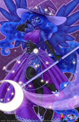 Size: 792x1224 | Tagged: safe, artist:inkkeystudios, derpibooru exclusive, derpibooru import, princess luna, alicorn, anthro, unguligrade anthro, clothes, detached sleeves, dress, hat, looking at you, magic staff, one eye closed, side slit, smiling, smiling at you, solo, sparkles, spread wings, stockings, thigh highs, wings, wink, winking at you, witch, witch hat