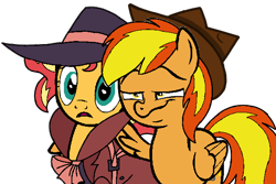 Size: 600x400 | Tagged: safe, artist:noikincade67, derpibooru import, sunset shimmer, oc, oc:firey ratchet, pegasus, pony, unicorn, clothes, detective, fedora, female, hat, male, mare, simple background, smiling, smug, stallion, transparent background, trenchcoat