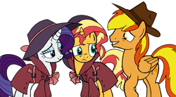 Size: 1024x565 | Tagged: safe, artist:noikincade67, derpibooru import, rarity, sunset shimmer, oc, oc:firey ratchet, pegasus, pony, unicorn, clothes, detective, detective rarity, fedora, female, hat, male, mare, simple background, stallion, transparent background, trenchcoat