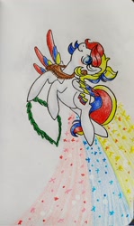 Size: 1217x2048 | Tagged: safe, artist:mintytreble, derpibooru import, oc, oc:camila, pegasus, pony, colombia, colored wings, colored wingtips, female, flag, nation ponies, ponified, simple background, species swap, traditional art, white background, wings