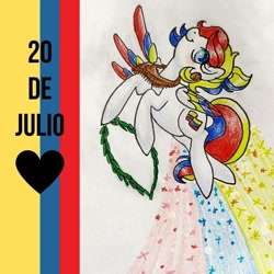 Size: 1080x1080 | Tagged: safe, artist:mintytreble, derpibooru import, pegasus, pony, colombia, colored wings, colored wingtips, female, flag, independence day, nation ponies, ponified, spanish, species swap, traditional art, wings