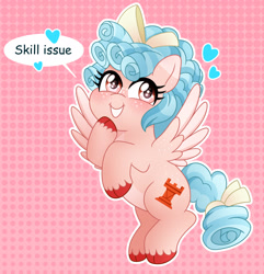 Size: 1835x1901 | Tagged: safe, artist:emera33, derpibooru import, cozy glow, pegasus, pony, bow, cozybetes, cute, female, filly, flying, foal, freckles, hair bow, heart, heart eyes, hoof on chin, pink background, simple background, smiling, solo, text, unshorn fetlocks, wingding eyes