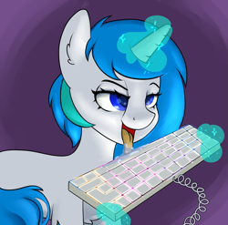 Size: 2069x2042 | Tagged: safe, artist:dumbwoofer, derpibooru import, oc, oc:compushka, pony, unicorn, drool, female, keyboard, licking, magic, magic aura, mare, open mouth, rgb, simple background, solo, telekinesis, tongue, tongue out