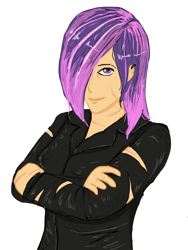 Size: 750x1000 | Tagged: safe, artist:glue123, derpibooru import, oc, oc:dawn, oc:dawn (project horizons), human, fallout equestria, fallout equestria: project horizons, clothes, fanfic art, female, humanized, looking at you, mature, milf, pink hair, scar, simple background, solo, torn clothes, white background