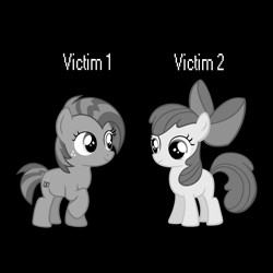 Size: 1182x1182 | Tagged: safe, derpibooru import, apple bloom, babs seed, pony, black and white, cousins, female, filly, foal, gray, grayscale, imminent death, monochrome, simple background, text, the mandela catalogue