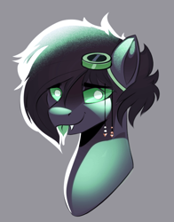 Size: 538x687 | Tagged: safe, artist:poxy_boxy, derpibooru import, oc, oc only, oc:korroki, pony, bust, cyber pony, gray background, simple background, tongue, tongue out